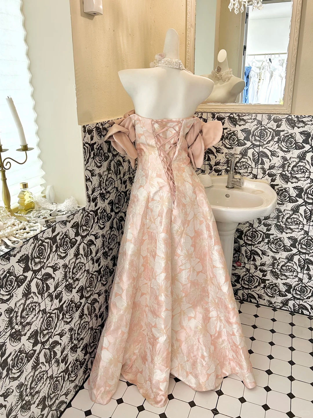 Light Pink Off-the-Shoulder Cinched Waist Figure-Flattering Printed Long Romantic Dress, Wedding Gown gh7810