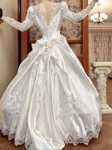 Ivory Vintage Satin Beaded Lace Ball Gown Wedding Dress, Puff Long Sleeve Bridal Prom Dress gh8725