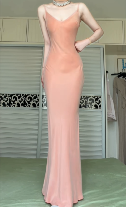 Peach Pink V‑Neck Spaghetti Strap Long Evening Gown, Fitted Mermaid Maxi Dress, Stretchy Soft Fabric Formal Dress gh8940