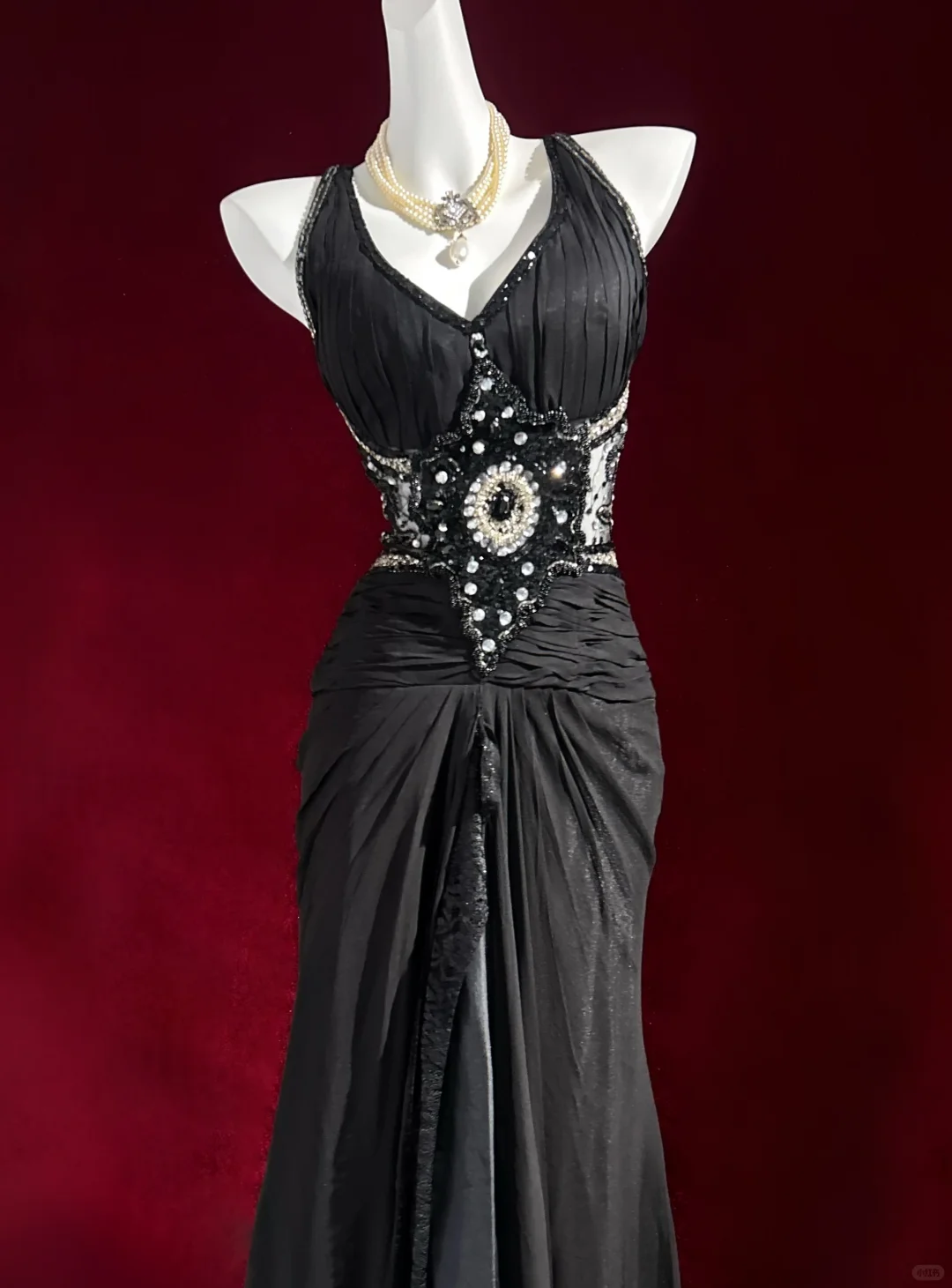 ✨Girlhomeshops-Black Halter Beaded Mermaid Gown Chiffon Lace Gatsby Style gh10148