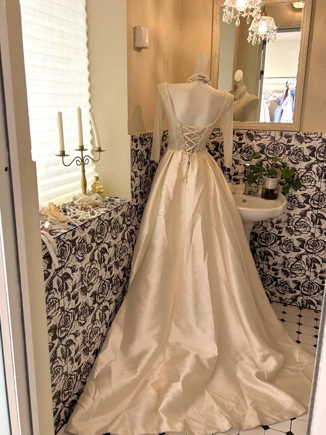 Ivory V-Neck Waist-Cinched Full Flared Skirt Luxury Elegant Romantic Dress, Wedding Gown gh7647