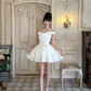 White Satin Off The Shoulder Short Homecoming Dress Draped Neck Mini Prom Gown gh9404