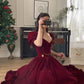 Burgundy Velvet V Neck Short Puff Sleeve Beaded A-Line Long Floor Length Ball Gown Evening Dress Christmas Party Dress gh3042