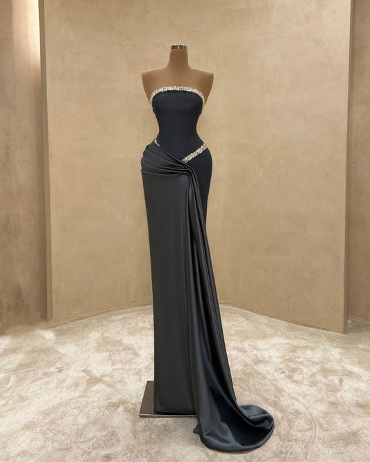 Girlhomeshops-Dark grey exquisite beaded sexy long satin floor-length prom dress gh5430