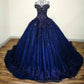 Dunkelblaues, wunderschönes, exquisites, mit Perlen besetztes A-Linien-Abendkleid von ClassyPretty in langem Tüll gh3553