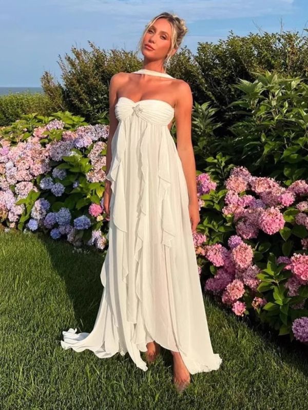 Robe de soirée en mousseline de soie blanche, couleur pure, jeune, élégante, douce, longue, à volants, irrégulière, pour bord de mer, plage, vacances, robe de soirée, robe de bal, gh3538