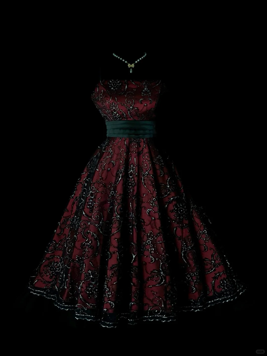Burgundy Spaghetti Strap Short Cocktail Gown, Silver Scroll Floral Embroidery, Black Pleated Wide Sash, Swing Midi Skirt, Party Prom Dress gh8916