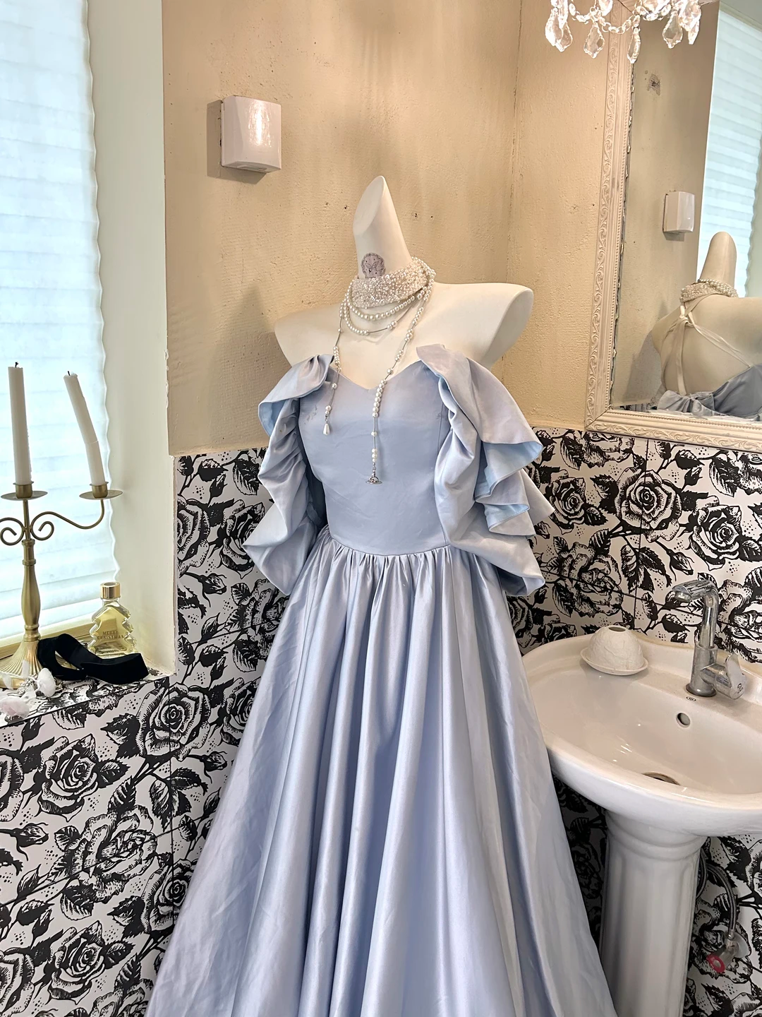 Light Blue Off-the-Shoulder Soft & Sexy Waist-Cinched Full Flared Skirt Long Romantic Dress, Wedding Gown gh7741