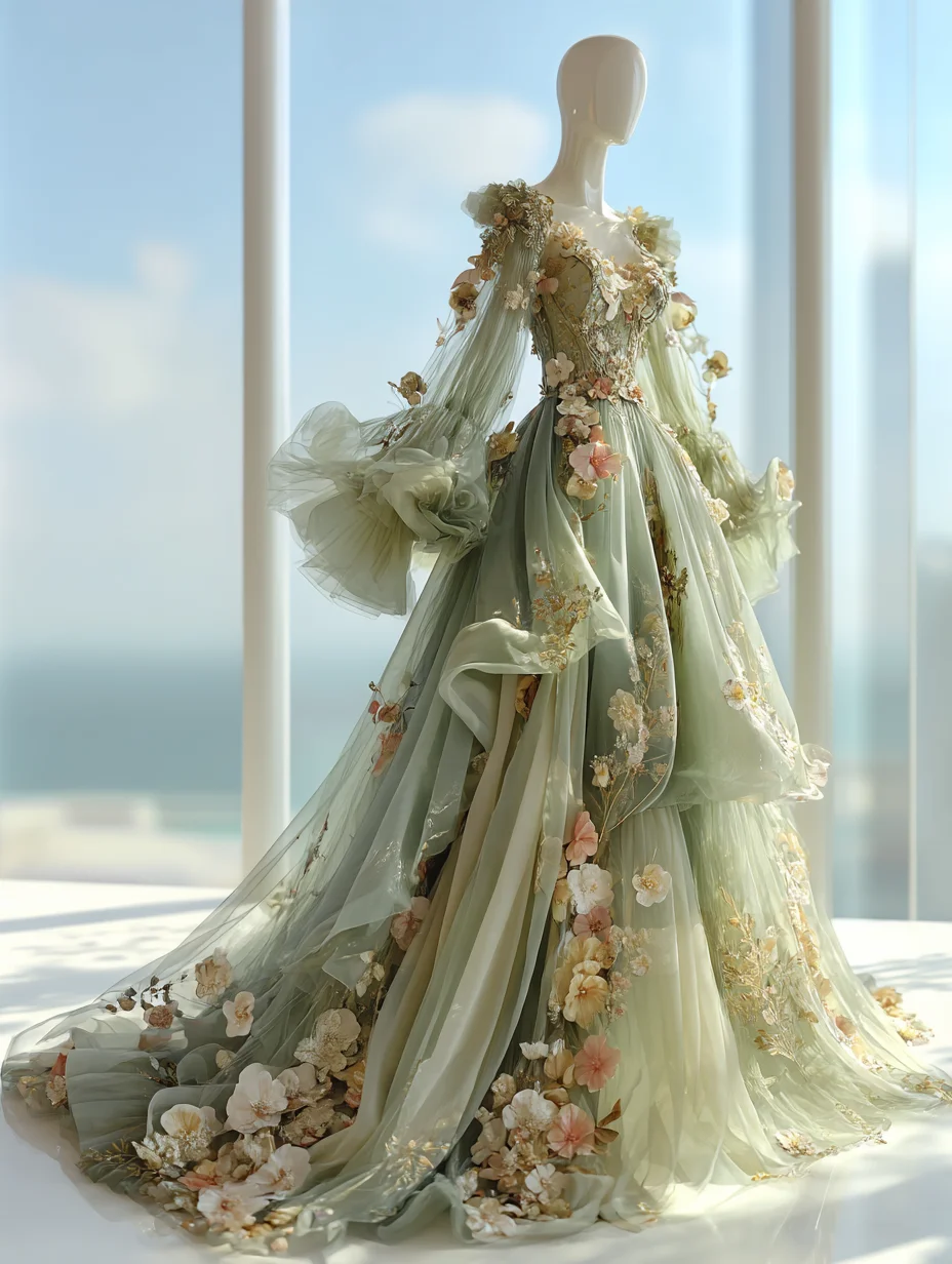 ✨Girlhomeshops-Square Neck Dusty Green Fairy Evening Gown, Sheer Flare Sleeve, 3D Flower, Long Tulle Train Prom Dress gh10495
