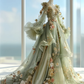 ✨Girlhomeshops-Square Neck Dusty Green Fairy Evening Gown, Sheer Flare Sleeve, 3D Flower, Long Tulle Train Prom Dress gh10495