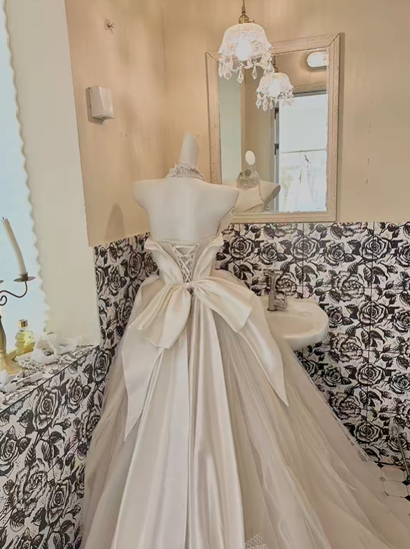 Ivory Strapless Cinched Waist Voluminous Princess Skirt Long Elegant Romantic Dress, Wedding Gown gh7816