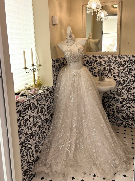 Ivory Beaded Strapless Waist-Cinched Full Flared Long Romantic Dress, Wedding Gown gh7580