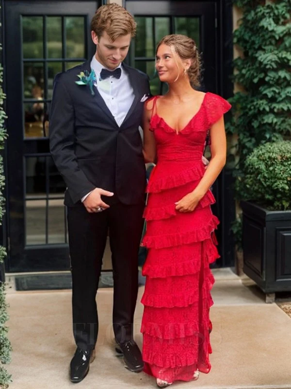 ✨Girlhomeshops-Sexy Sheath-Style Red Lace Ball Gown with Ruffles – Party Dress gh10166