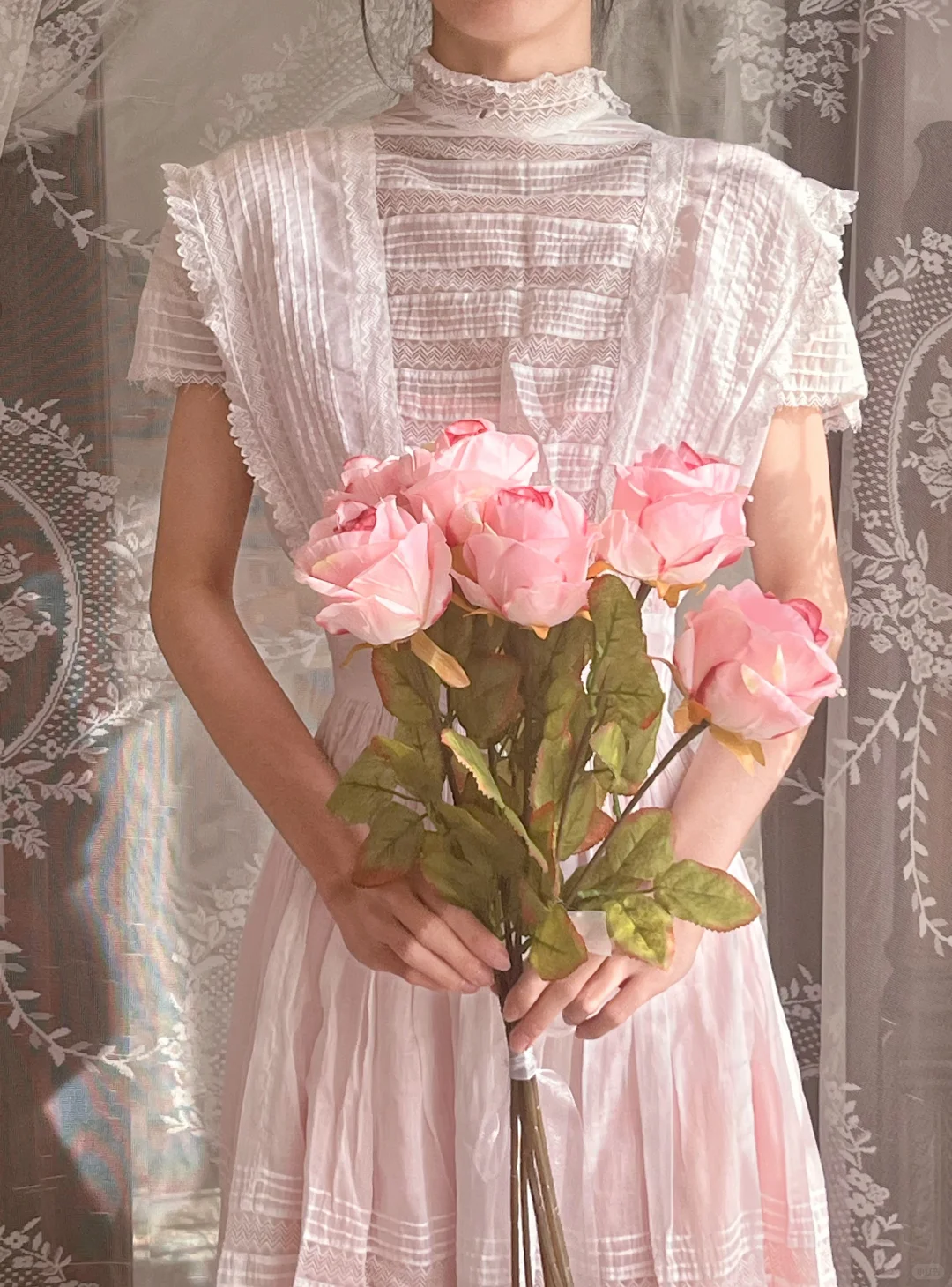 Light Pink Gradient Vintage Edwardian Long Gown, Lace Cap Sleeve A-Line Dress gh9309