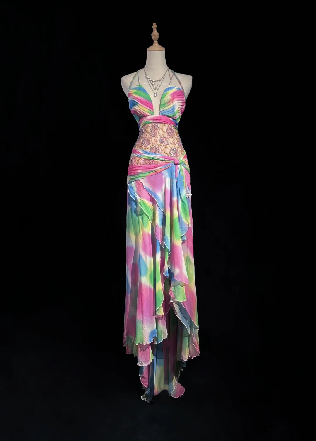 ✨Girlhomeshops-Rainbow Tie Dye Halter Beaded Chiffon Evening Gown gh10156