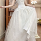 White Vintage Tulle Wedding Prom Dress, Square Neck Puff Sheer Lace Sleeves, Lace Appliqués, Multi‑Tier Ruffle Long Train gh8718