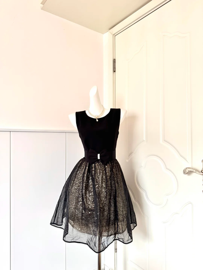 Black Sleeveless Short Cocktail Dress, Round Neck Homecoming Gown With Black Bow Waistband, Gold Sequin Skirt Overlay Organza gh9164