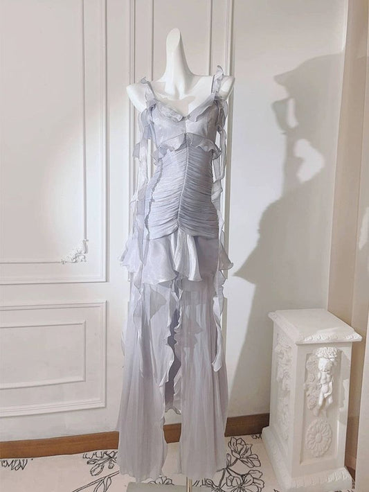 Lilac ruffle long chiffon ball gown evening dress birthday party dress gh4588