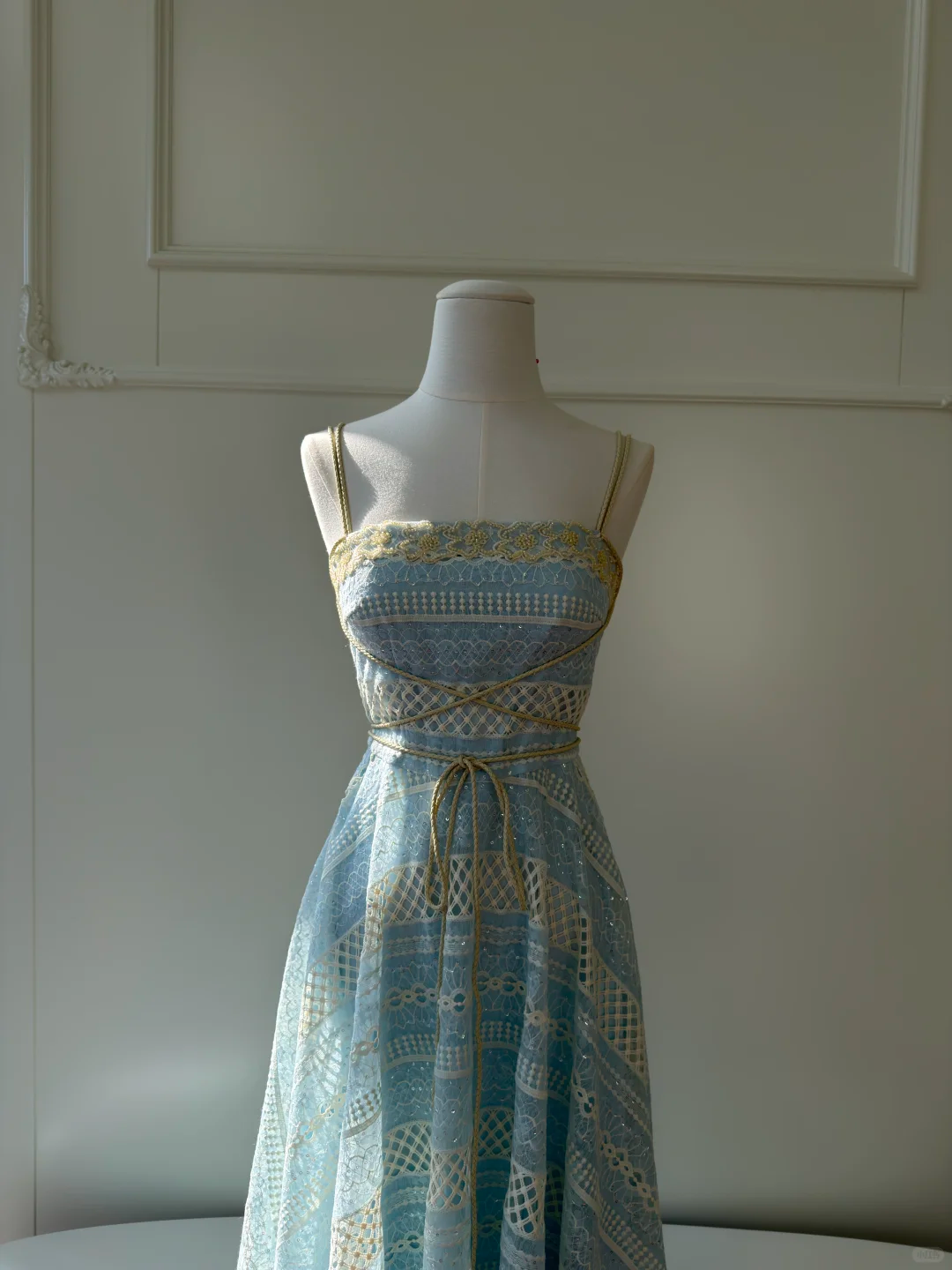 Light Lake Blue Spaghetti Strap Vintage Gown, Square Neck Lace Trim, Glitter Cut‑Out Mixed Lace Fabric, Gold Ribbon Crisscross Tie Waist, A‑Line Midi Full Skirt, Party Prom Dress gh8919