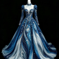 ✨Girlhomeshops-Blue Gradient Galaxy Star Puff Sleeve High Neck Prom Ball Gown gh10490