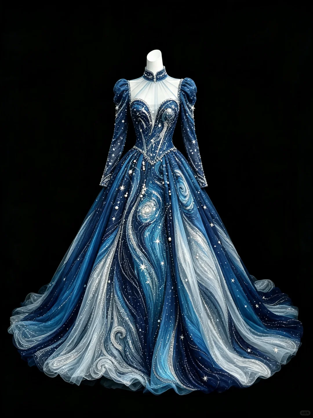 ✨Girlhomeshops-Blue Gradient Galaxy Star Puff Sleeve High Neck Prom Ball Gown gh10490