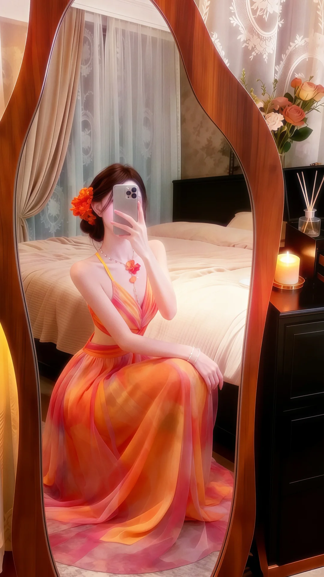 Orange‑Red Tie‑Dye Spaghetti Straps Evening Gown, Deep V Neck Cutout Waist Chiffon Floor‑Length Prom Dress gh9142