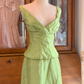Sage Green Vintage Two-Piece Long Gown, Deep V Sleeveless Formal Dress gh9297