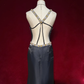 V Neck Navy Blue Long Formal Gown Spaghetti Straps Rhinestone Trim Pleated Bodice for Prom gh9541