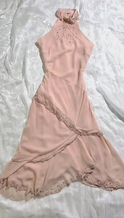 Elegant Vintage Light Pink Halter Fitted Waist Slim Prom & Evening Party Dress gh8520