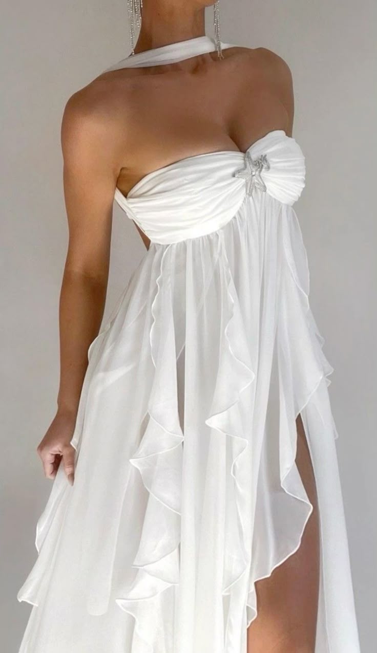 Robe de soirée en mousseline de soie blanche, couleur pure, jeune, élégante, douce, longue, à volants, irrégulière, pour bord de mer, plage, vacances, robe de soirée, robe de bal, gh3538