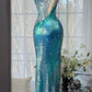 Teal Green Ombre One Shoulder Holographic Sequin Mermaid Long Evening Dress, Prom Gown gh9529