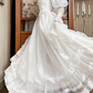 White Vintage Tulle Wedding Gown, Lace High Neck Over V‑Neck, Lantern Puff Long Sleeves, Lace Appliqués Fitted Waist, Scattered Floral Lace Appliqués On Skirt, Multi‑Layer Tulle A‑Line Long Skirt With Multi‑Tier Lace Hem, Prom & Wedding Dress gh8667