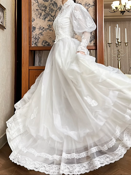 White Vintage Tulle Wedding Gown, Lace High Neck Over V‑Neck, Lantern Puff Long Sleeves, Lace Appliqués Fitted Waist, Scattered Floral Lace Appliqués On Skirt, Multi‑Layer Tulle A‑Line Long Skirt With Multi‑Tier Lace Hem, Prom & Wedding Dress gh8667