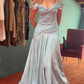 Blue elegant simple off-shoulder tulle long ball gown evening dress gh3018