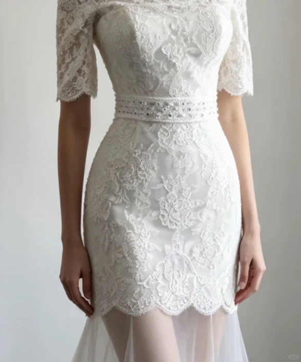 Off‑the‑Shoulder Mermaid Wedding Dress, Lace Elbow‑Length Sleeves Pearl Beaded Waistband Illusion Tulle Lace Train Bridal Gown gh9116