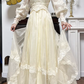 Cream Vintage Chiffon Wedding Gown, Lace High Neck, Lace‑Sheer Puff Long Sleeves, Lace Appliqué Empire Waist, Draped Pleated Flowy Full‑Length Skirt, Tiered Lace Hem, Long Lace Train, Bridal Prom Dress gh8735