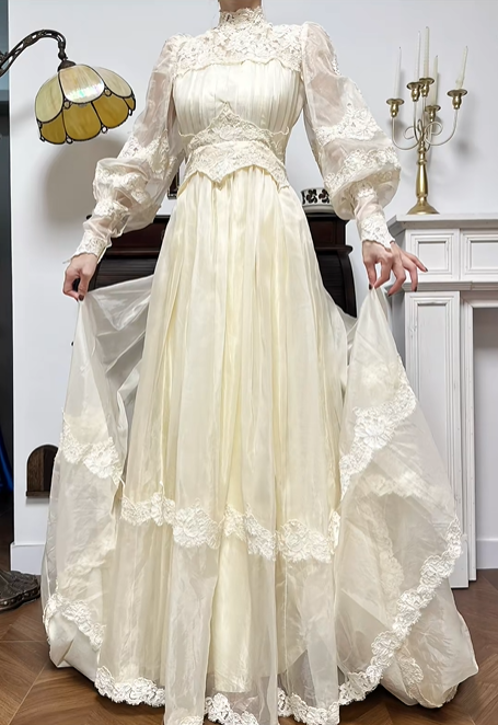 Cream Vintage Chiffon Wedding Gown, Lace High Neck, Lace‑Sheer Puff Long Sleeves, Lace Appliqué Empire Waist, Draped Pleated Flowy Full‑Length Skirt, Tiered Lace Hem, Long Lace Train, Bridal Prom Dress gh8735