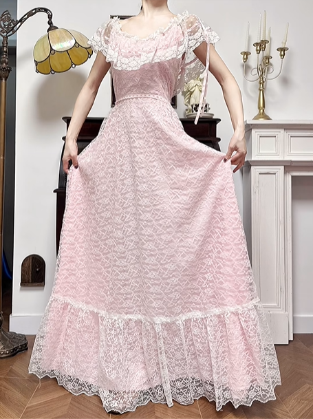Light Pink Vintage Lace Prom Gown, Off‑The‑Shoulder Lace Ruffle Short Sleeves, Fitted Waist Long Lace Flared Skirt, Ruffled Lace Hem, Evening Prom Dress gh8737