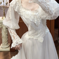 Ivory Vintage Tulle Wedding Prom Dress, V‑Neck Ruffled Lace Trim, Puff Lace Long Sleeves, Multi‑Tier Lace Bands, A‑Line Long Train gh8692