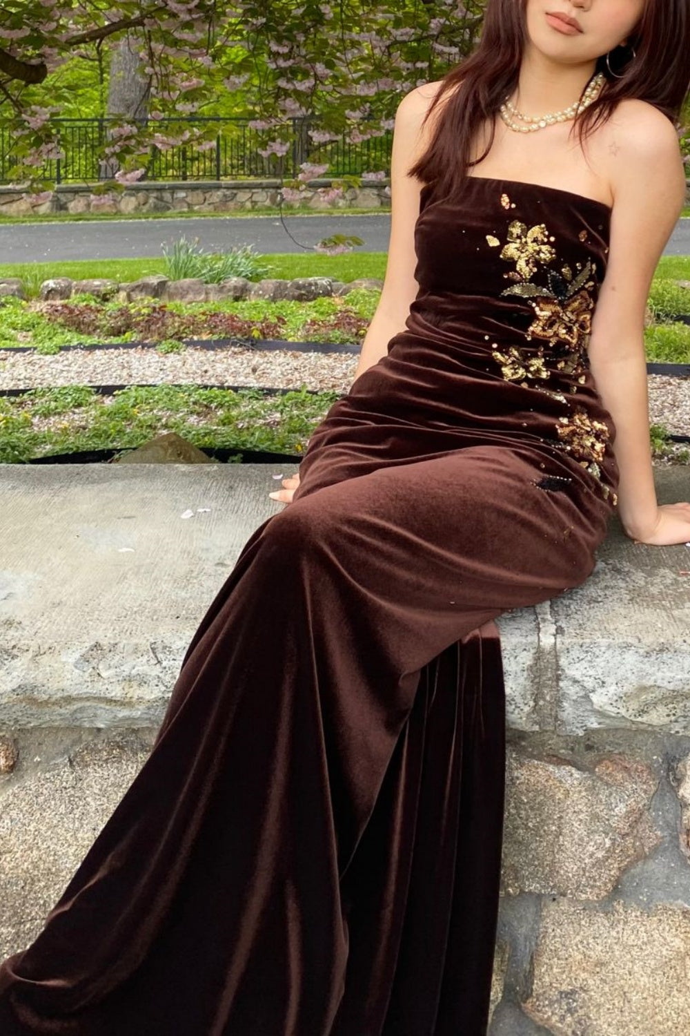 Dark Brown Velvet Gilt Bandeau Gown: Fitted Mermaid, Floral Decoration, Retro Evening Luxury Maxi Dress gh6605