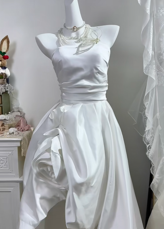 White Satin Halter Wedding Gown, Sleeveless Asymmetrical 3D Floral High Low Bridal Dress gh9281
