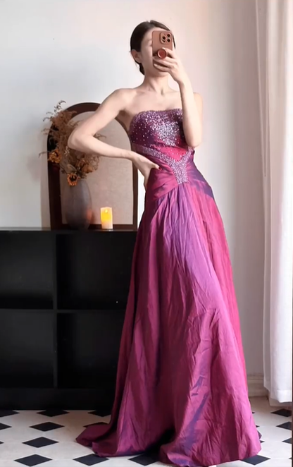 Magenta‑Purple Ombre Vintage Strapless Prom Gown, All‑Over Hand‑Beaded Rhinestone Bodice, Triangular Beaded Waist Inset, Ruched Taffeta A‑Line Floor‑Length Skirt, Iridescent Shimmer Fabric, Evening Gala Dress gh8826