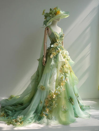 ✨Girlhomeshops-Mint Green 3D Floral Spaghetti Strap Fairy Tulle Gown with Train gh10492