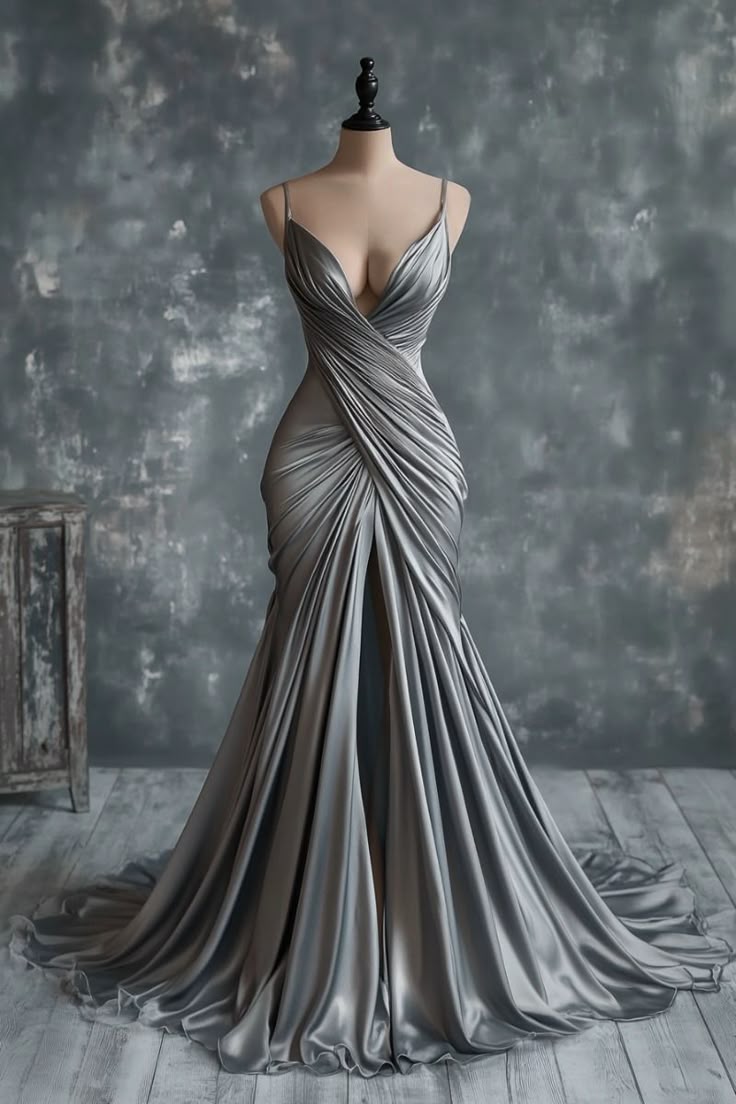 Silbergraues, modisches, elegantes, stilvolles, langes Satin-Ballkleid mit V-Ausschnitt, gh4958