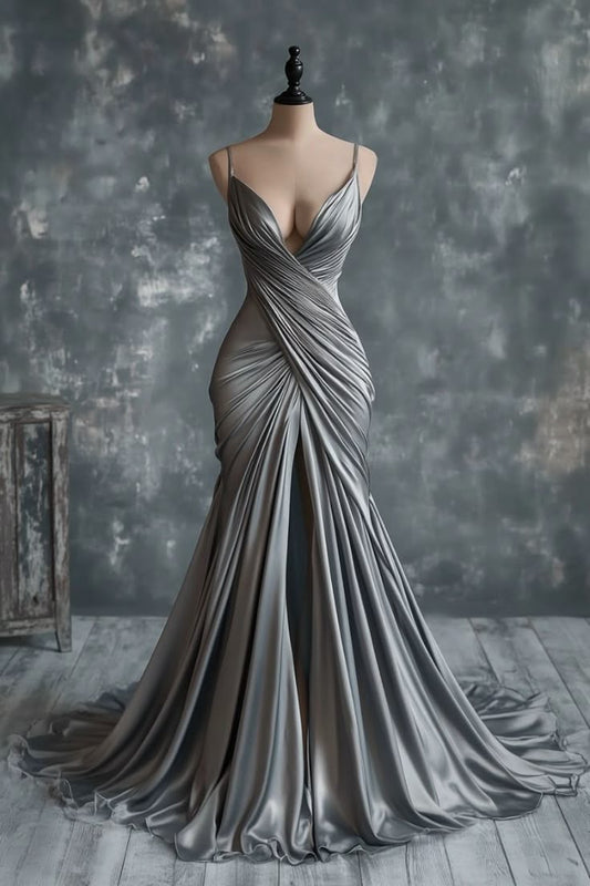 Silbergraues, modisches, elegantes, stilvolles, langes Satin-Ballkleid mit V-Ausschnitt, gh4958