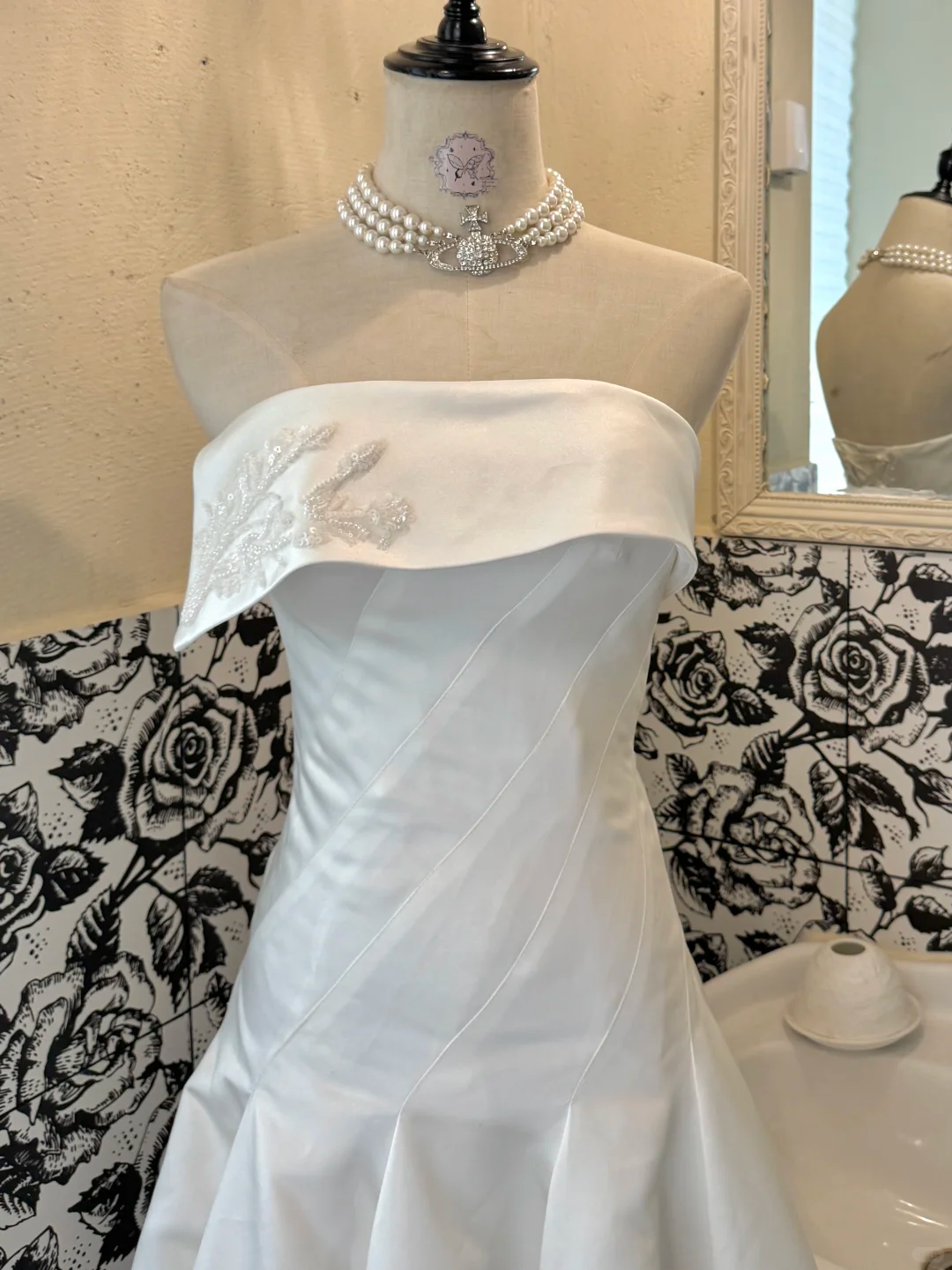 Minimalist White Satin Strapless Waist-Cinched Full Flared Long Romantic Dress, Wedding Gown gh7665