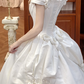 White Vintage Satin Ball Gown Wedding Prom Dress, Square Off‑the‑Shoulder Puff Sleeves, 3D Fabric Roses, Voluminous Pleated Skirt gh8708