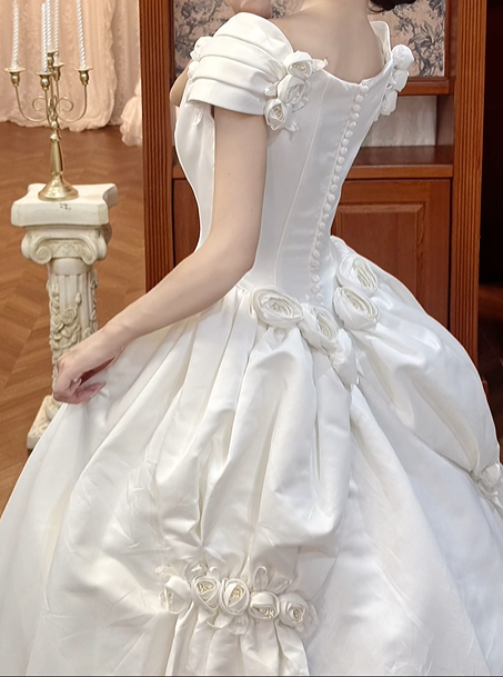 White Vintage Satin Ball Gown Wedding Prom Dress, Square Off‑the‑Shoulder Puff Sleeves, 3D Fabric Roses, Voluminous Pleated Skirt gh8708