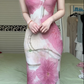 New Chinese Ink‑Wash Lotus Print Modified Qipao Long Gown, V‑Neck Frog Buttons Short Mesh Sleeve Mermaid Formal Evening Dress gh8991