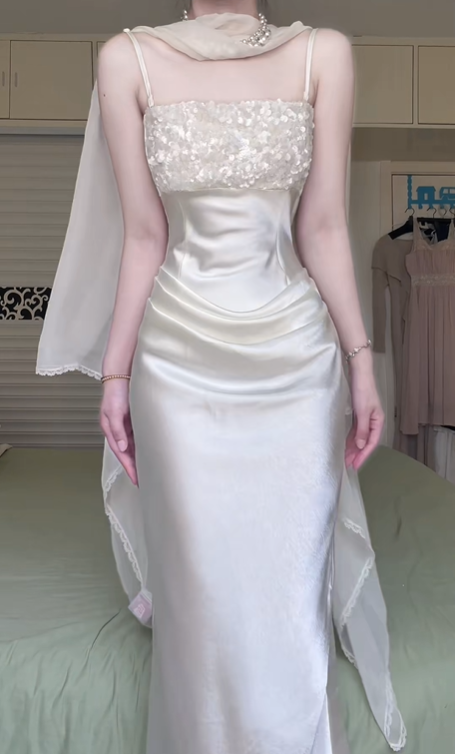 Off‑White Satin Strapless Long Evening Gown, Sequined Bodice With Sheer Lace‑Trim Cape Shawl, Fitted Column Maxi Dress, Formal Wedding Party Gown gh8933